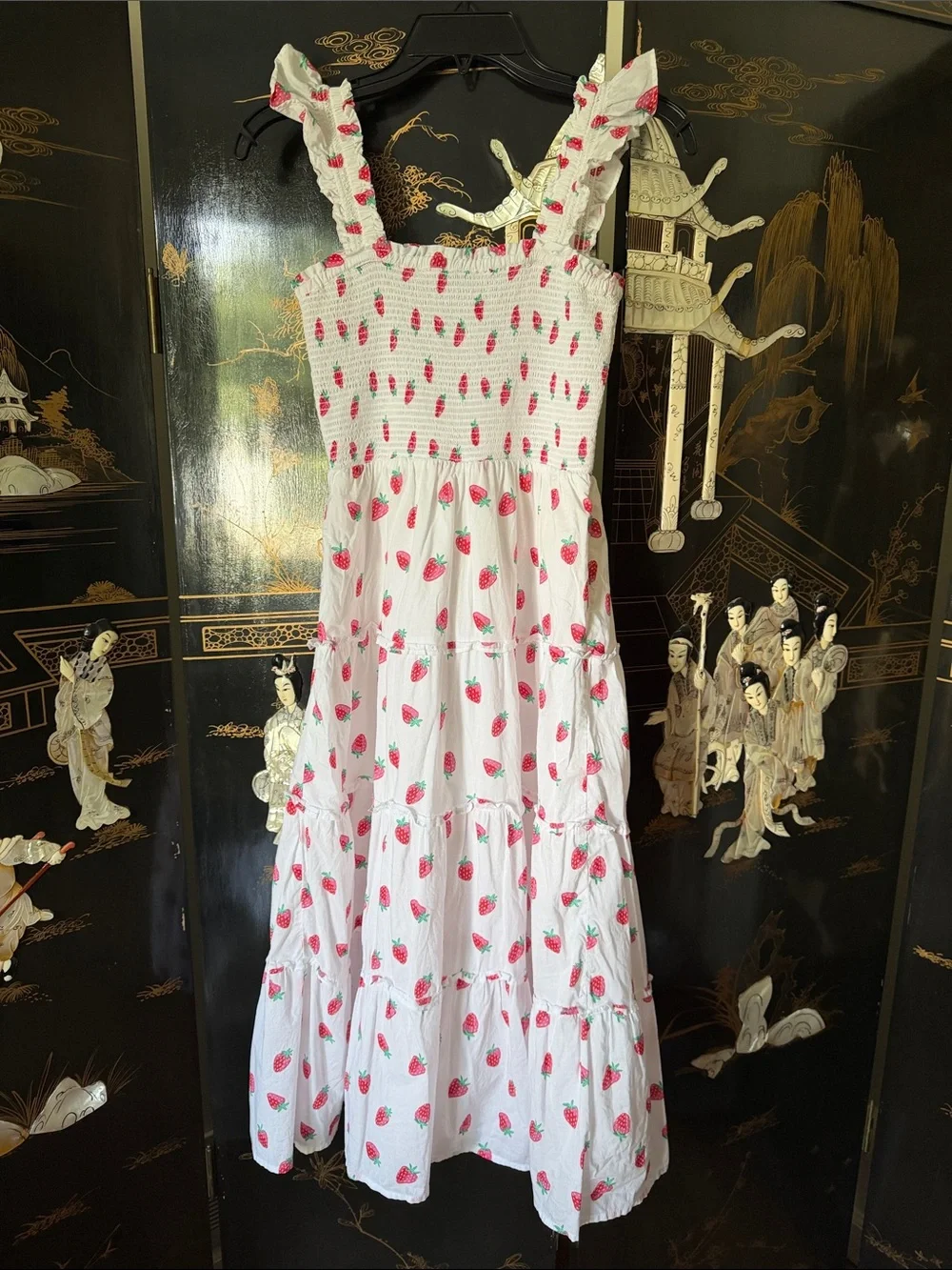 EUC J. CREW White Sundress Nap Dress Pink Red Strawberry Print Ruffle Strap Midi